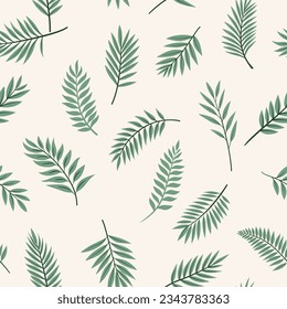 Vector Seamless Pattern with Green Tropical Palm Leaves. Tropical Exotic Foliage, Sprig with Leaves, Tree Twigs. Decorative Tropical Leaf Seamless Print