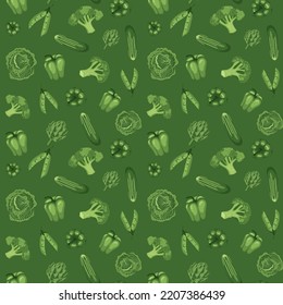 Vector seamless pattern with green vegetables - peas, broccoli, cucumber, cabbage, artichoke, pepper on a green background.