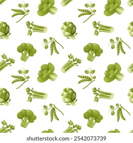 Vector seamless pattern with green vegetables. Broccoli, green peas, celery, artichoke. Natural organic vegetables, raw healthy food. Pattern suitable for farmers market theme, kitchen ingredients.