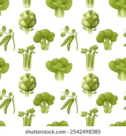 Vector seamless pattern with green vegetables. Broccoli, green peas, celery, artichoke. Natural organic vegetables, raw healthy food. Pattern suitable for farmers market theme, kitchen ingredients.