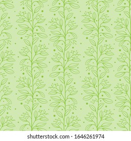 Vector seamless pattern with green vertical branches with leaves; abstract  natural design for fabric, wallpaper, textile, web design.