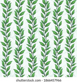 Vector seamless pattern with green vertical foliate branches; for greeting cards, wrapping paper, posters, banners, packaging.