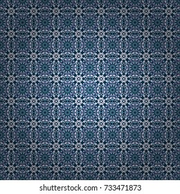 Vector seamless pattern. Green, violet and blue wallpaper. Indian floral backdrop. Paisley and Mandalas.