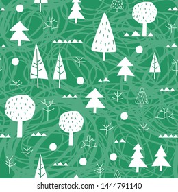 Vector seamless pattern in green and white with trees, forest background for summer holiday textile designs and clothing for kids