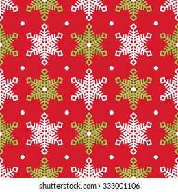 Vector seamless pattern with green and white snowflakes. Winter background. Christmas texture