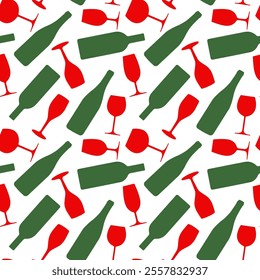Vector seamless pattern of green wine bottles and red wine glasses