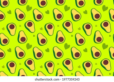 Vector seamless pattern with green and yellow avocado with core on color background with heart