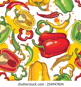 Vector seamless pattern with green, yellow and red peppers