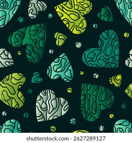 Vector seamless pattern with green, yellow, and white gradient hearts on dark eco background