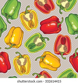Vector seamless pattern with green, yellow and red peppers