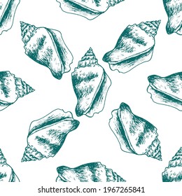 vector seamless pattern of greenish-colored seashell outline on a white background. A hand drawn shell in the style of a turquoise sketch vintage symbol of the sea is randomly arranged for the templat