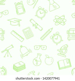 Vector Seamless Pattern with GreenOutline School Icons on White Background