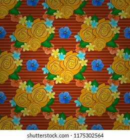 Vector seamless pattern. Greeting card with blue, yellow and orange roses with green leaves, watercolor, can be used as invitation card for wedding, birthday and other holiday and summer background.