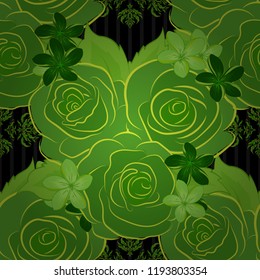 Vector seamless pattern. Greeting card with black, green and yellow roses, watercolor, can be used as invitation card for wedding, birthday and other holiday and summer background.