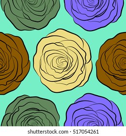 Vector seamless pattern. Greeting card with yellow, violet and green roses, watercolor, can be used as invitation card for wedding, birthday and other holiday and summer background.