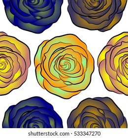 Vector seamless pattern. Greeting card with green, violet and yellow roses, watercolor, can be used as invitation card for wedding, birthday and other holiday and summer background.