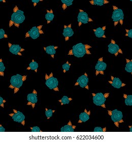 Vector seamless pattern. Greeting card with blue and orange roses, watercolor, can be used as invitation card for wedding, birthday and other holiday and summer background.