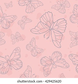 Vector seamless pattern with grey butterflies on pink background. Element for design.