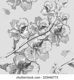 vector seamless pattern with grey flowers and bugs