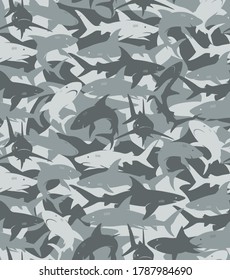 Vector Seamless Pattern with grey sharks, Danger shark, animals collage