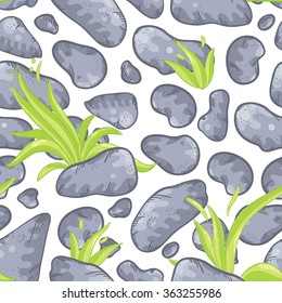 Vector seamless pattern with grey stones and green grass on white background. Cute doodle pattern with stones and grass.