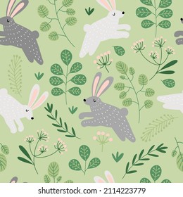 Vector seamless pattern with grey and white bunny rabbits hopping on the green meadow