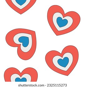 Vector seamless pattern of groovy American flag heart isolated on white background