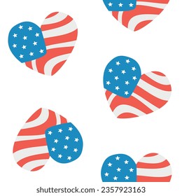 Patrón vectorial sin fisuras del corazón de la bandera estadounidense groovy aislado en fondo blanco