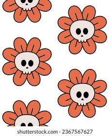 Vector seamless pattern of groovy cartoon flower skull isolated on white background