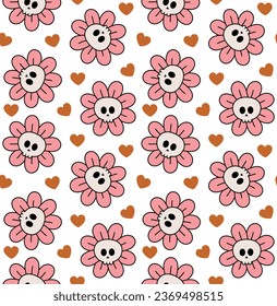 Vector seamless pattern of groovy cartoon flower skull isolated on white background