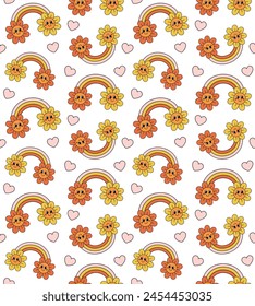 Vector seamless pattern of groovy cartoon retro rainbow with flowers isolated on white background