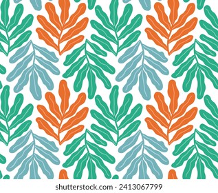 Vector seamless pattern with groovy colorful leaves. Abstract background in matisse style