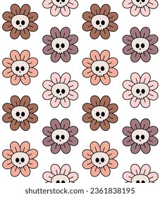 Vector seamless pattern of groovy flower skull isolated on white background