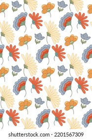 Vector seamless pattern with groovy flowers and stems on white background. Flower power. Retro hippie floral texture. Nature texture for fabric, wallpaper, wrapping paper.