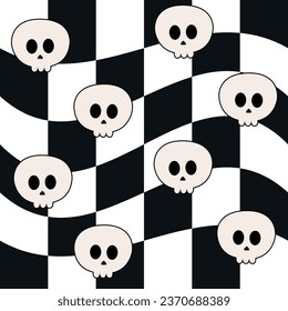 Vector seamless pattern of groovy Halloween skull isolated on chessboard background