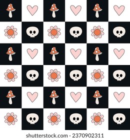 Vector seamless pattern of groovy Halloween elements isolated on chessboard background