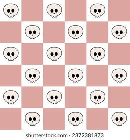 Vector seamless pattern of groovy Halloween skull isolated on pink chessboard background