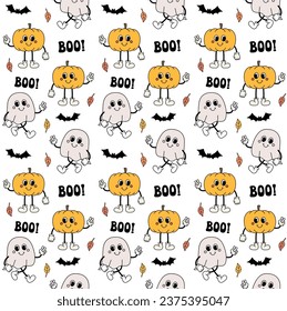 Patrón vectorial sin fisuras de fantasma de halloween y calabaza aislados en fondo blanco