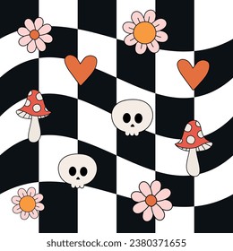 Vector seamless pattern of groovy halloween isolated on chessboard background