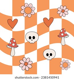 Vector seamless pattern of groovy halloween isolated on chessboard background