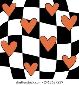 Vector seamless pattern of groovy hearts on chessboard background