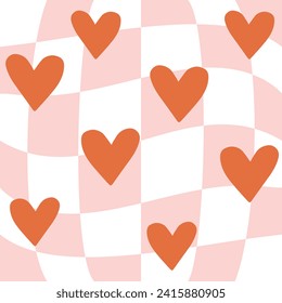 Vector seamless pattern of groovy hearts on pink chessboard background