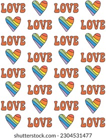 Vector seamless pattern of groovy lgbt love heart isolated on white background