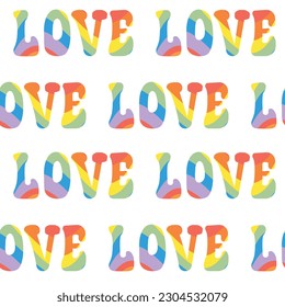 Vector seamless pattern of groovy lgbt love lettering isolated on white background