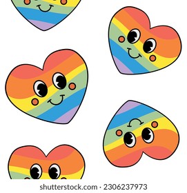 Vector seamless pattern of groovy lgbt rainbow heart with face isolated on white background