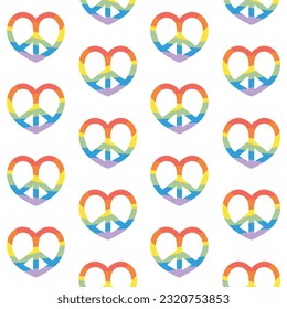 Vector seamless pattern of groovy lgbt rainbow flag heart peace sign isolated on white background