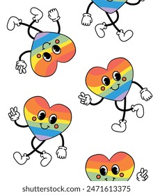 Vector seamless pattern of groovy lgbtq flag heart isolated on white background