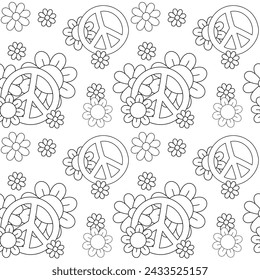 Vector seamless pattern of groovy outline peace and flower isolated on white background