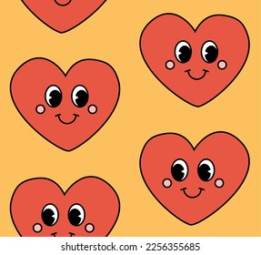Vector seamless pattern of groovy retro heart with face isolated on yellow background