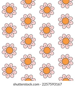 Vector seamless pattern of groovy retro flower isolated on white background